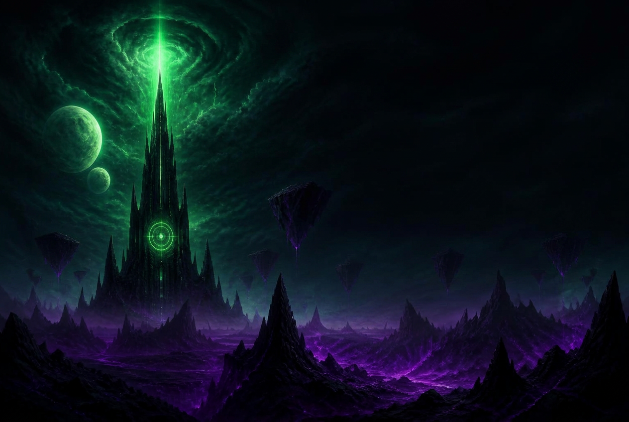 Dark alien landscape with a neon green energy spire under two moons